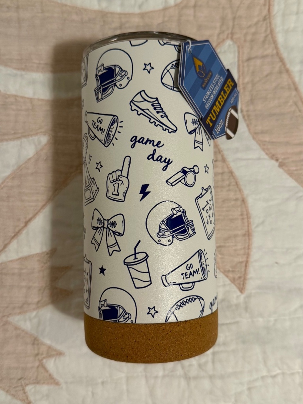 NWT - Wellness Game Day Stainless Steel Tumbler 16 oz Cork Base Football